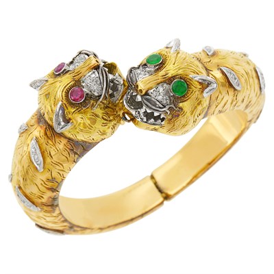 Lot 47 - Two-Color Gold, Diamond and Gem-Set Panther Head Bangle Bracelet