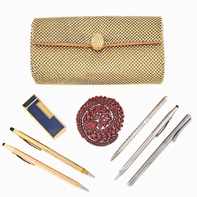 Lot 2222 - Five Silver and Gilt-Metal Pens, Lighter and Beaded Clutch and Costume Pin
