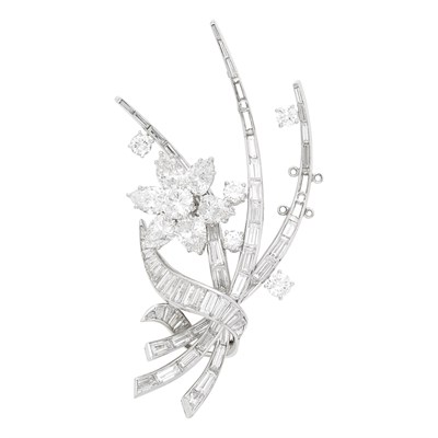 Lot 233 - Platinum and Diamond Flower Clip-Brooch