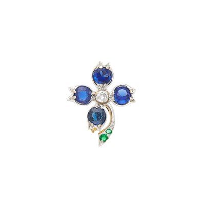 Lot 1044 - Tiffany & Co. Platinum, Gold, Sapphire, Emerald and Diamond Four Leaf Clover Pin
