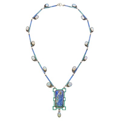 Lot 191 - Fredrick James Partridge Arts & Crafts Silver, Polychrome Enamel and Opal Pendant-Necklace
