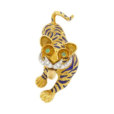 Lot 32 - Kutchinsky Two-Color Gold, Blue Enamel and Diamond Tiger Clip-Brooch