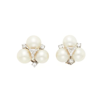Lot 1082 - Pair of White Gold, Cultured Pearl and Diamond Earrings