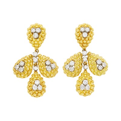 Lot 7 - Pair of Gold and Diamond Earrings with Three Pairs of Two-Color Gold, Diamond and Fluted Coral and Diamond Pendants