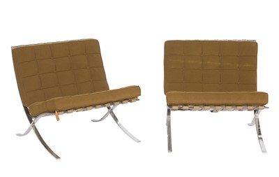 Lot 601 - Pair Upholstered and Chromed Metal "Barcelona" Style Chairs