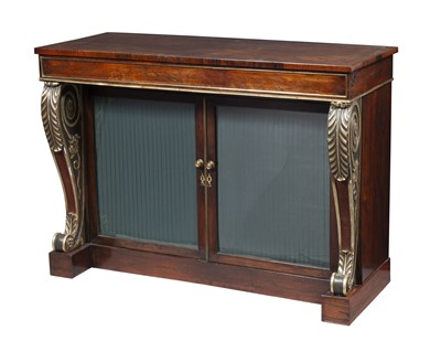 Lot 140 - Irish Regency Brass-Inlaid and -Mounted Rosewood Painted and Parel-Gilt Side Cabinet