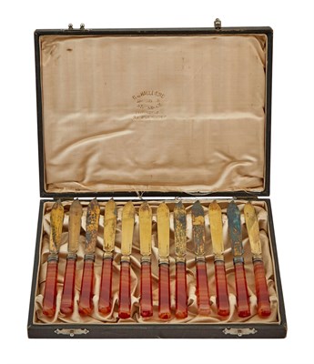 Lot 195 - Cased Set of Twelve Swedish Silver-Gilt and Agate Fruit Knives