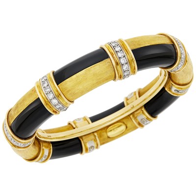 Lot 6 - Two-Color Gold, Black Onyx and Diamond Bangle Bracelet