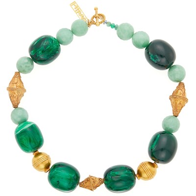 Lot 1013 - M. Tracy Gold, Painted Bead, Green Hardstone, Emerald and Sapphire Bead Necklace