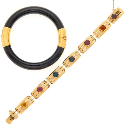 Lot 1078 - Gold, Colored and Synthetic Stone Bracelet and Gold and Black Onyx Bangle Bracelet