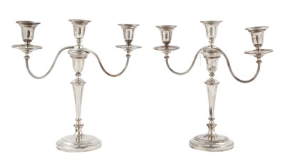 Lot 171 - Pair of English Silver Plated Three-Light Candelabra