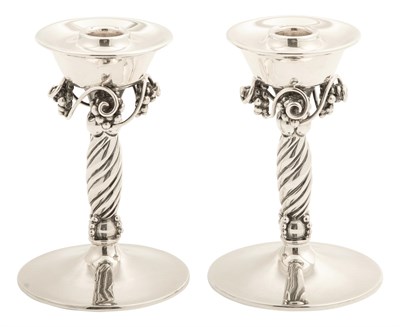 Lot 1230 - Pair of Mexican Sterling Silver Jensen-Style Candlesticks