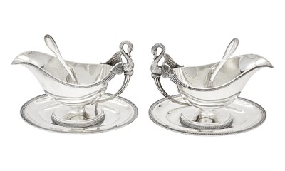 Lot 115 - Pair of Italian Empire Style Silver Sauceboats on Stands with Ladles