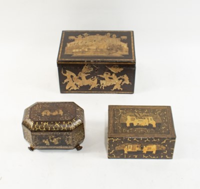 Lot 134 - Three Chinese Parcel Gilt and Black Lacquer Tea Caddies
