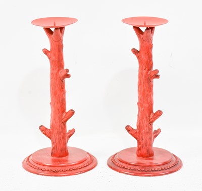 Pair of Contemporary Faux Red Coral Candleholders