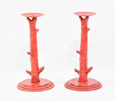 Pair of Contemporary Faux Red Coral Candleholders