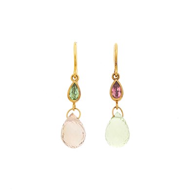 Lot 1046 - Mallory Marks Pair of High Karat Gold, Gold, Pink and Green Tourmaline Pendant-Earrings