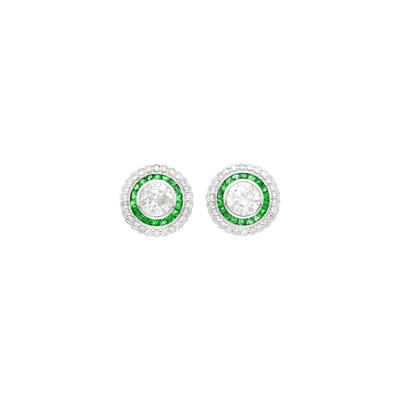 Lot 94 - Pair of White Gold, Diamond and Emerald Stud Earrings