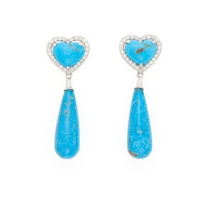 Lot 1065 - Pair of White Gold, Matrix Turquoise and Diamond Heart Pendant-Earrings