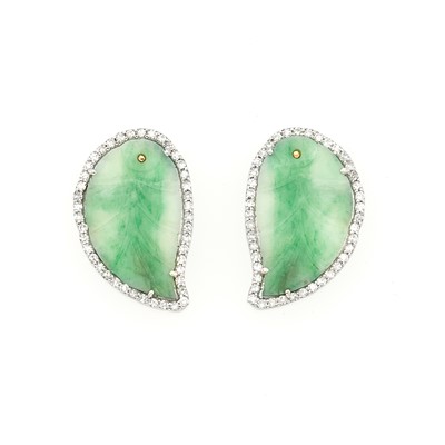 Lot 1242 - Pair of White Gold, Carved Jade and Diamond Leaf Earrings