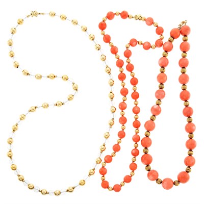 Lot 2210 - Two Gold and Dyed Coral Bead Necklaces and Gold and Rock Crystal Bead Necklace