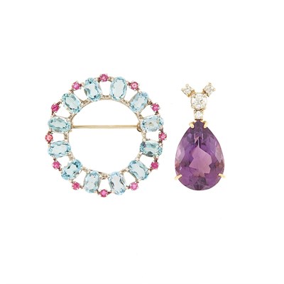 Lot 1095 - White Gold, Aquamarine and Ruby Circle Pin and Gold, Amethyst and Diamond Pendant
