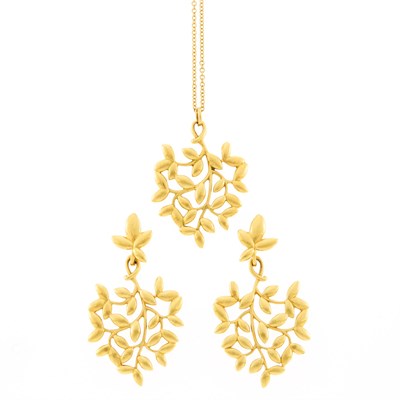 Lot 2004 - Tiffany & Co., Paloma Picasso Pair of Gold 'Olive Leaf' Pendant-Earrings and Pendant with Chain Necklace