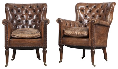 Lot 241 - Pair of Regency Tufted Leather Upholstered Mahogany Armchairs