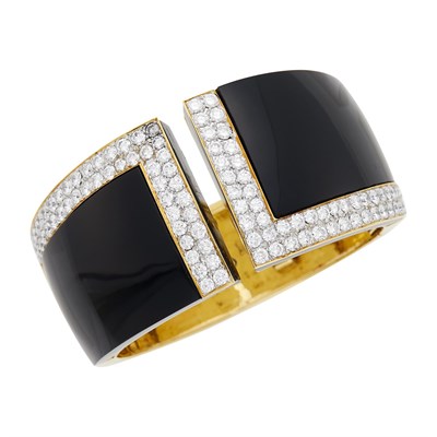 Lot 205 - Two-Color Gold, Black Onyx and Diamond Cuff Bangle Bracelet