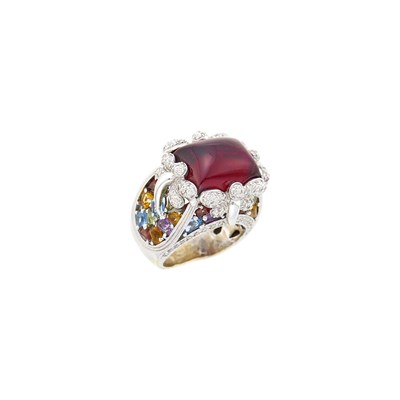 Lot 1087 - White Gold, Cabochon Rubellite, Diamond and Gem-Set Dragonfly Ring