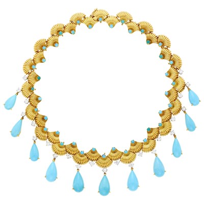 Lot 196 - Gold, Platinum, Turquoise and Diamond Fringe Necklace