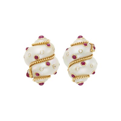Lot 42 - Trianon Pair of Gold, Shell, Cabochon Ruby and Diamond Earclips, Retailed by Fred Leighton