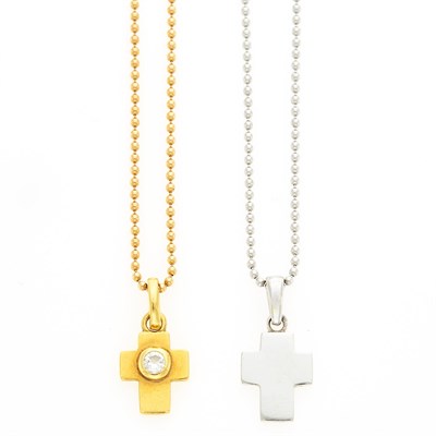 Lot 1033 - Gold and Diamond Cross Pendant and White Gold Cross Pendant with Chain Necklaces