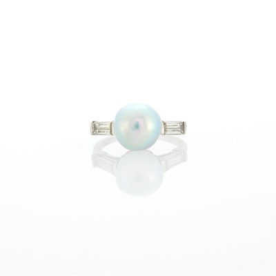 Lot 1097 - Platinum, Baroque Cultured Pearl and Diamond Ring
