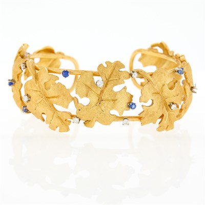 Lot 1174 - Gold, Sapphire and Diamond Leaf Cuff Bracelet