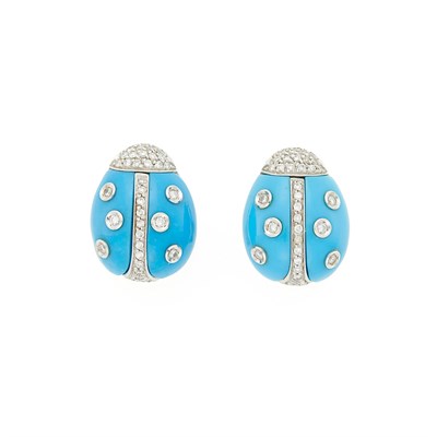 Lot 1091 - Pair of White Gold, Reconstituted Turquoise and Diamond Ladybug Earclips