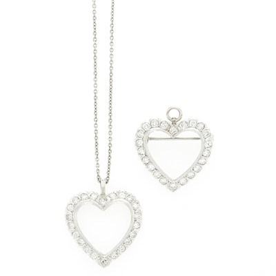 Lot 1090 - White Gold and Diamond Heart Pendant-Pin and Pendant with Platinum Chain Necklace