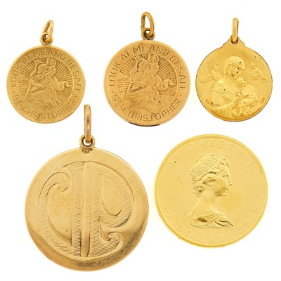 Lot 1255 - Gold Canadian Coin, Three Gold Pendants and Silver-Gilt Pendant
