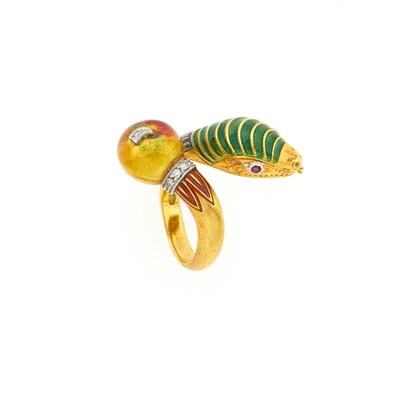 Lot 1285 - Gold, Enamel and Diamond Serpent and Apple Crossover Ring