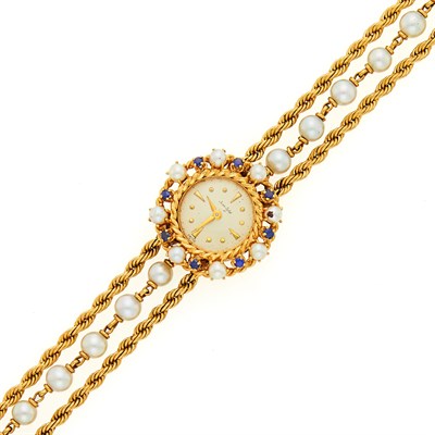 Lot 1163 - Gold, Cultured Pearl and Sapphire Wristwatch