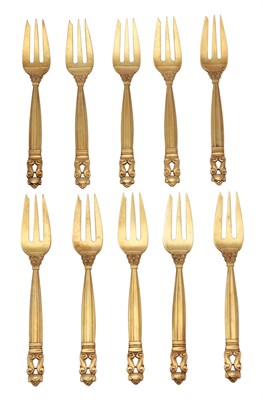 Lot 1089 - Set of Ten Georg Jensen Sterling Silver Gilt Pastry Forks