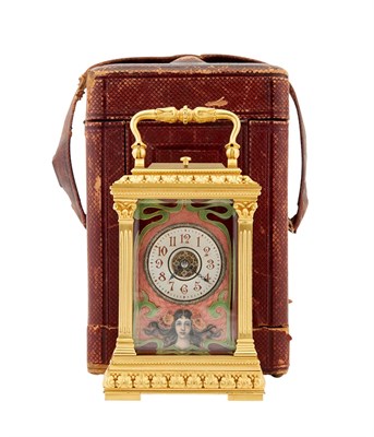 Lot 161 - Art Nouveau Gilt Metal and Enameled Carriage Clock