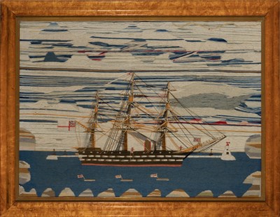 Lot 128 - Woolwork Picture of a Sailing Vessel in a Bay with Lighthouse