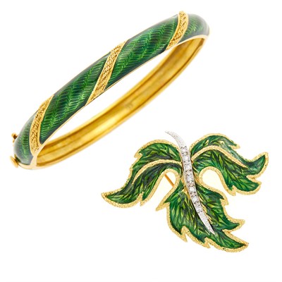 Lot 2219 - Gold and Green Enamel Bangle Bracelet and Two-Color Gold, Green Enamel and Diamond Leaf Pin