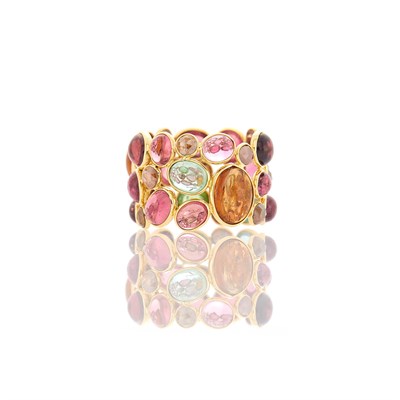 Lot 2030 - Wide Gold and Multicolored Cabochon Tourmaline Band Ring