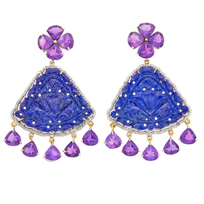 Lot 2091 - Pair of Silver, Gold, Carved Lapis, Amethyst and Diamond Pendant-Earrings
