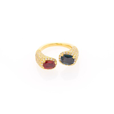 Lot 2140 - Gold, Pink and Blue Spinel and Diamond 'Toi et Moi' Ring