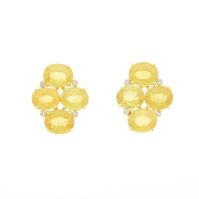 Lot 2150 - Pair of Gold, Yellow Sapphire and Diamond Cluster Earrings
