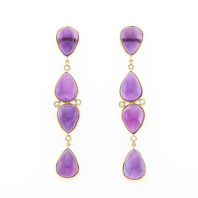 Lot 2108 - Pair of Gold, Cabochon Amethyst and Diamond Pendant-Earrings