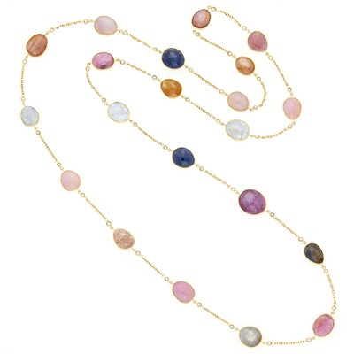 Lot 1017 - Long Gold, Multicolored Sapphire and Diamond Chain Necklace